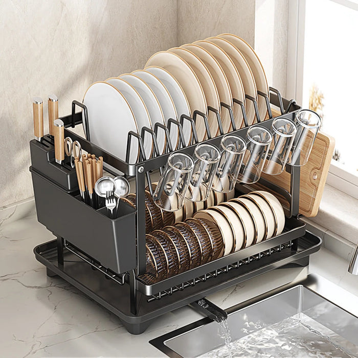 2-Tier Countertop Dish Drying Rack with Drainboard — Carbon Steel (42 x 30 x 29cm)