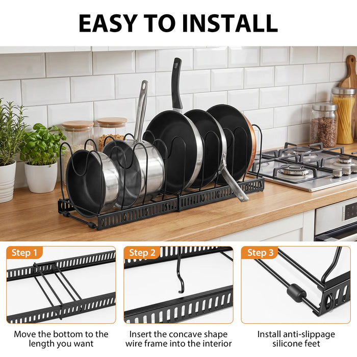 Expandable Pan Organiser Rack with 10 Adjustable Dividers — Pot Lid Holder for Kitchen Cupboards