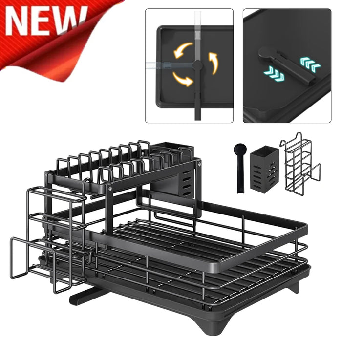 2-Tier Stainless Steel Dish Rack — Large Capacity with Cutting Board Holder & Drainboard