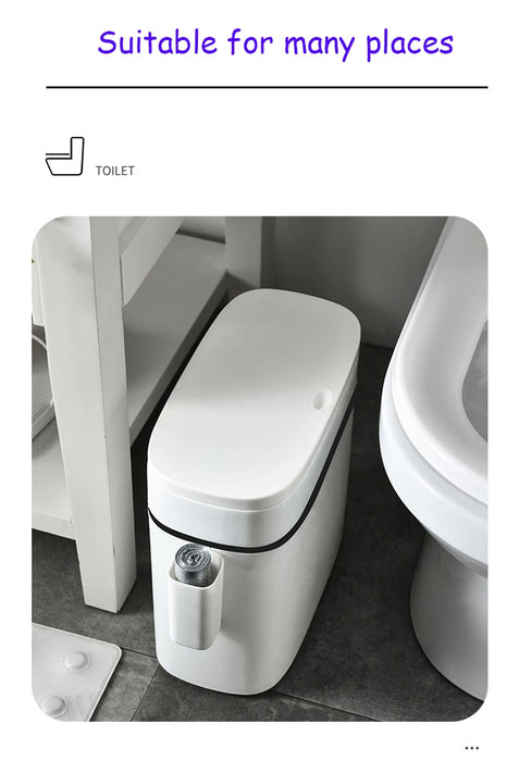 14L Press-Top Waterproof Bathroom Waste Bin — White PP Plastic