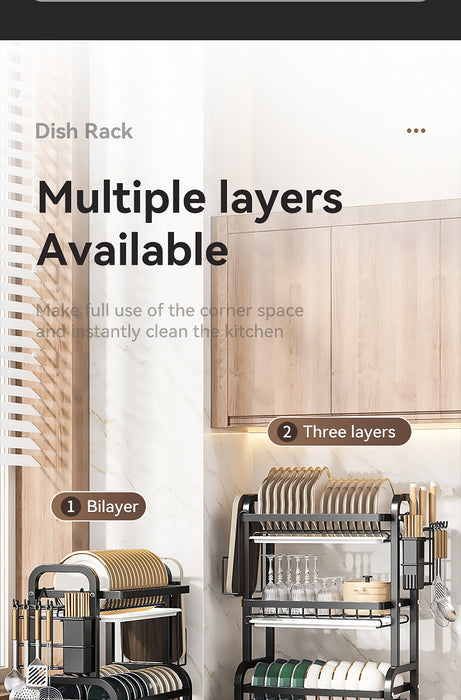 2/3-Tier Stainless Steel Dish Rack with Utensil Holder — Compact Rustproof Countertop Drainer