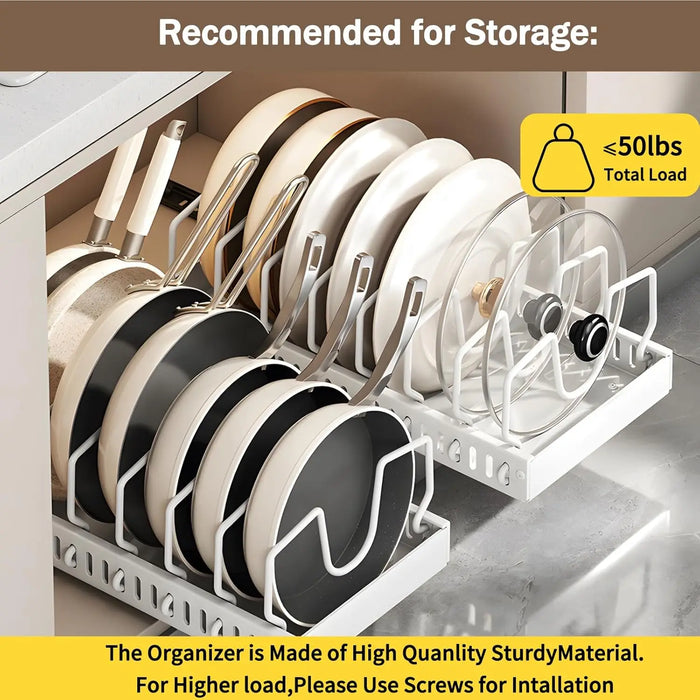 Under-Cabinet Pull-Out Pots & Pans Organiser – Expandable Stainless Steel, Adjustable Dividers