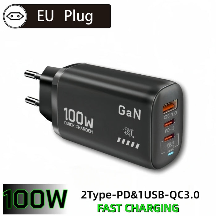 100W GaN USB‑C PD Charger with QC 3.0 — 2x Type‑C + USB‑A, Fast Charge for iPhone 15/16/17 Pro Max, iPad, Samsung & Xiaomi