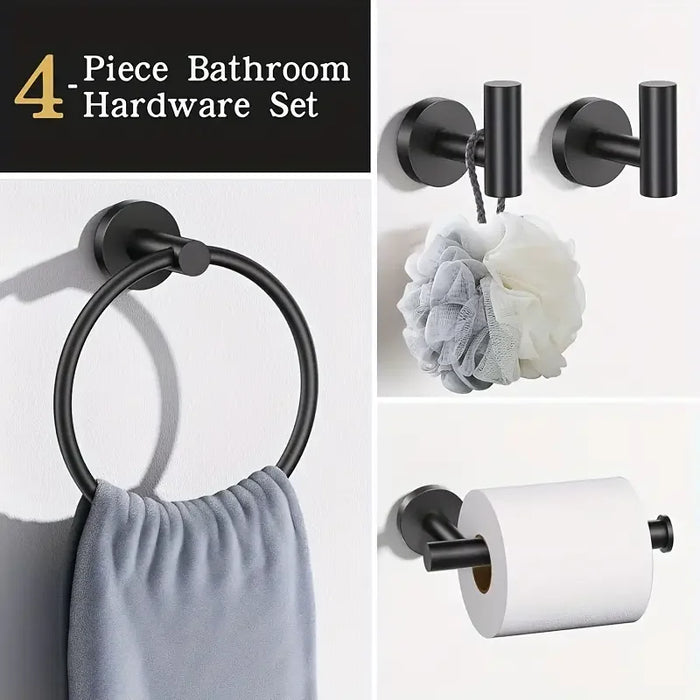 4-piece Stainless Steel Bathroom Set — Toilet Roll Holder, Towel Ring & 2 Hooks