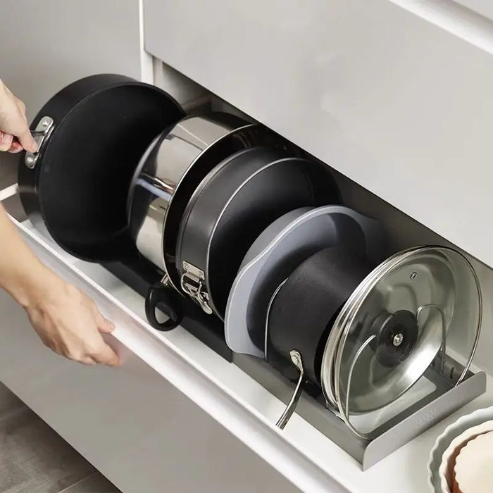 Expandable Stainless-Steel Pot & Pan Rack with 7 Dividers – Pull-Out Cabinet & Countertop Organiser