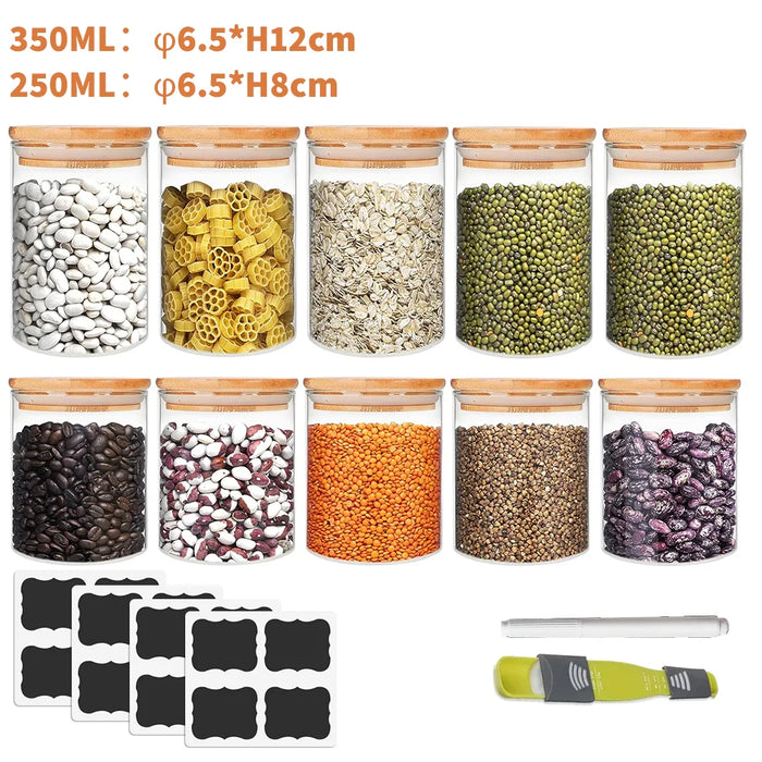 10-piece Glass Storage Jar Set — 5×250ml & 5×350ml with Airtight Bamboo Lids, Labels & Spoon