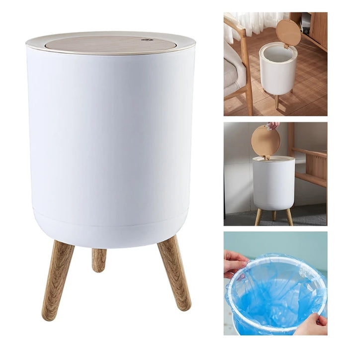 7L Round Wood‑Grain Press Dustbin with Legs