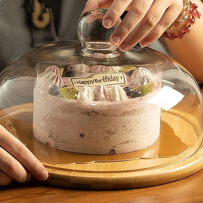 Wooden Cake Stand with Transparent Dome — Dessert Plate & Cupcake Display (Turntable)
