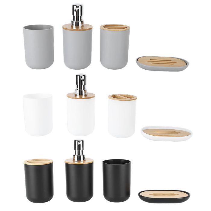 4-piece Bamboo-Accent Bathroom Set — Dispenser, Toothbrush Holder, Tumbler & Soap Dish