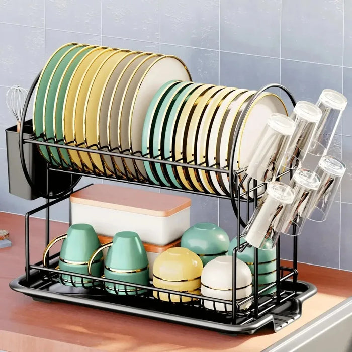 2-Tier Dish Drainer with Drain Board, Cup & Utensil Holders