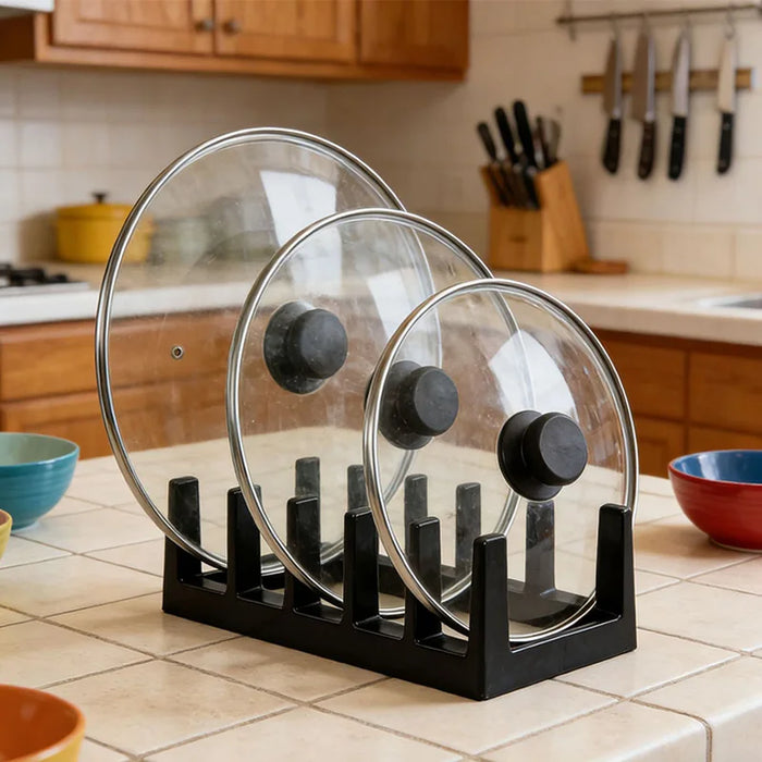 6-Compartment Pot Lid Organiser – Space-Saving Plastic Kitchen Rack (Grey/Black)