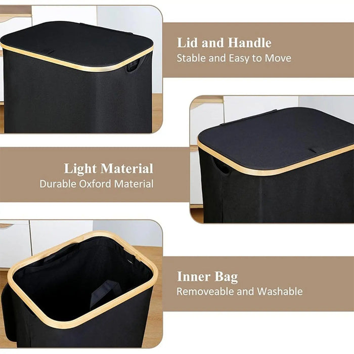 Foldable 2-Section Laundry Hamper with Lid — Bamboo Handles & Removable Bag