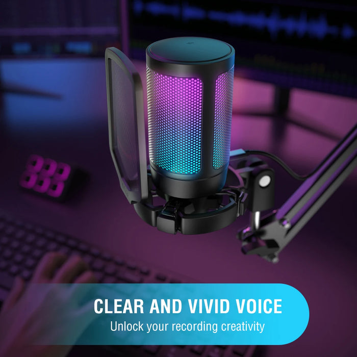 USB Condenser Gaming Microphone A6V — RGB, Pop Filter & Shock Mount