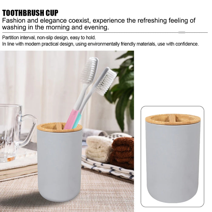 6-Piece Bamboo & Plastic Bathroom Set — Bin, Toilet Brush, Lotion Pump, Soap Box, Toothbrush Cup & Mouth Cup