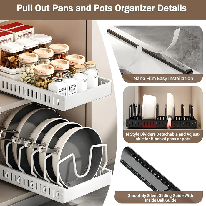 Under-Cabinet Pull-Out Pots & Pans Organiser – Expandable Stainless Steel, Adjustable Dividers
