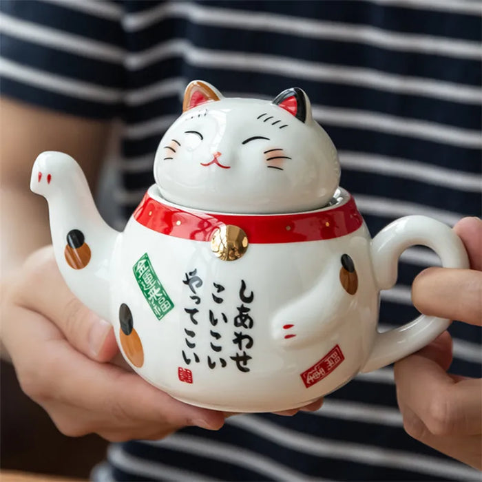 Japanese-style Maneki Neko Porcelain Tea Set with Strainer