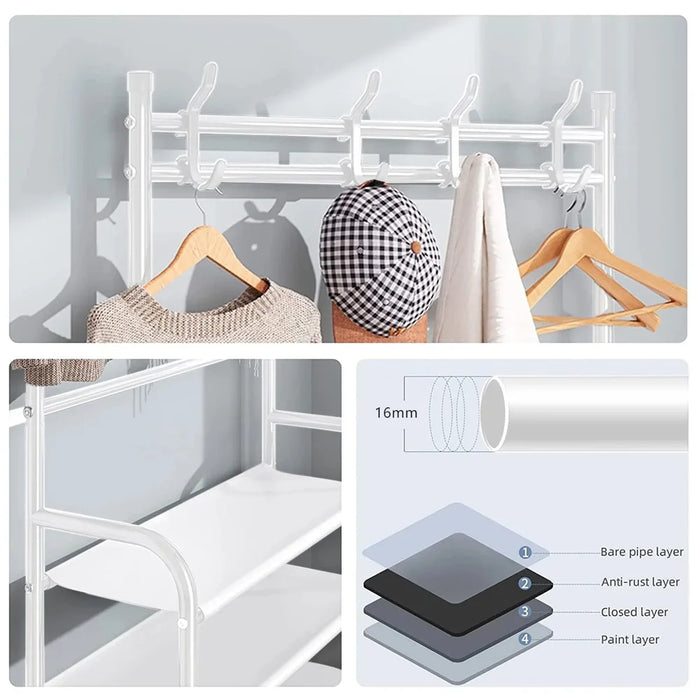5-Tier Metal Coat & Shoe Rack with 8 Hooks — White