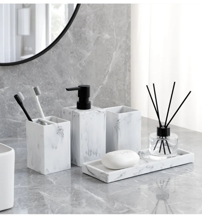 4-Piece Marble-Pattern Resin Bathroom Set — Lotion/Soap Dispenser, Toothbrush Holder, Tumbler & Tray (Black or White)