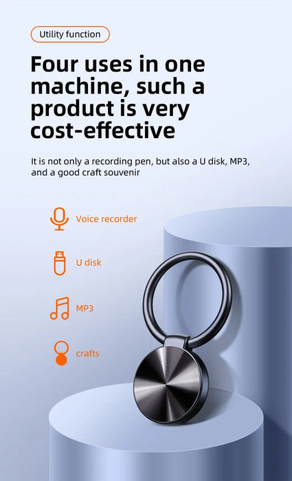 32GB Keychain Voice Recorder — Mini Digital Dictaphone, MP3 Player with Noise Reduction