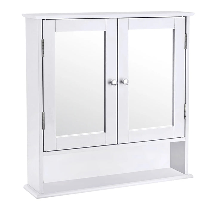 Double‑Door Wall‑Mounted Mirror Cabinet with Open Shelves, 56 x 13 x 58cm, White