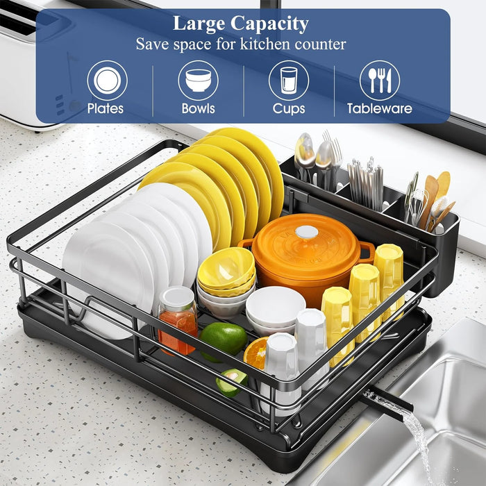 Large Rustproof Steel Dish Rack with Drainboard & Utensil Holder – Black