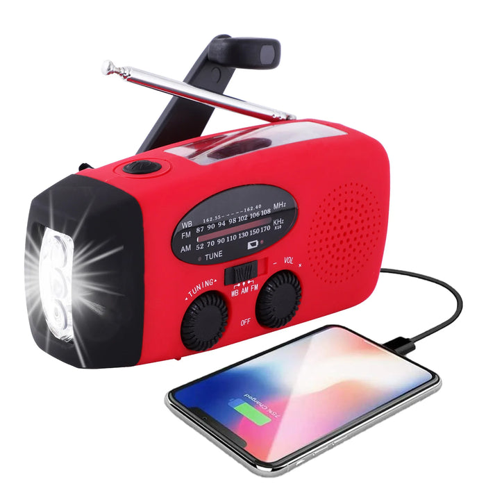2000mAh Emergency Radio with 3-LED Torch, Solar & Hand-Crank Charging (FM/AM/WB)