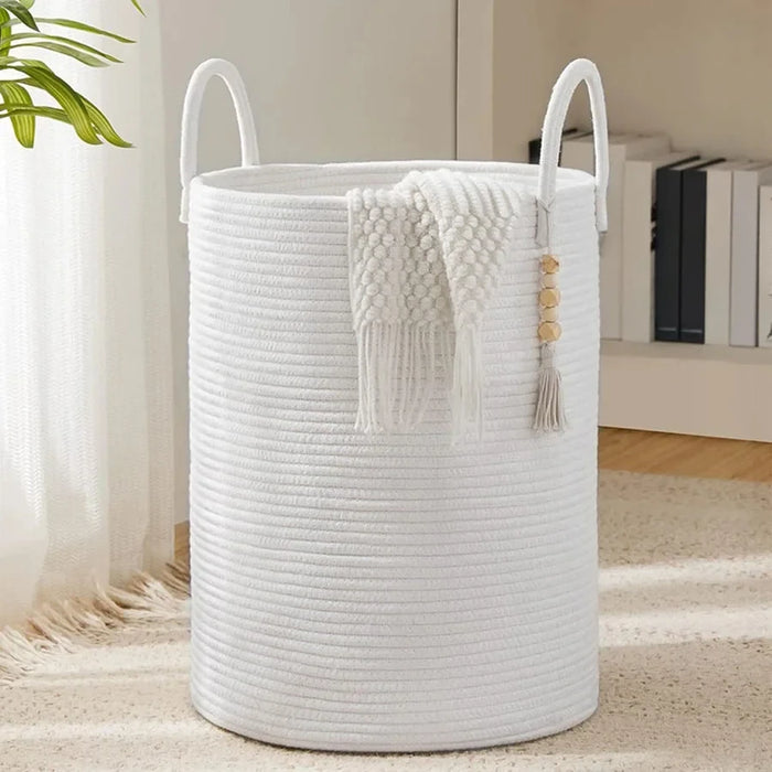 Large Tall Woven Storage Basket – Foldable Cotton Rope Laundry Hamper