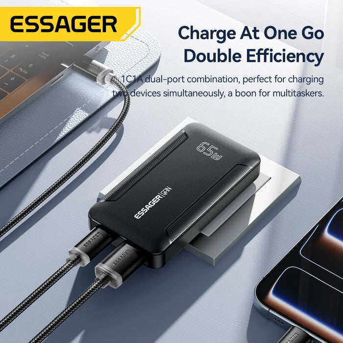 Essager Ultra-Thin 65W GaN Pro Travel Charger — PD3.0 & QC4.0, USB‑C/USB‑A