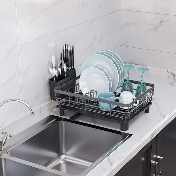 Countertop Dish Drainer with Drainboard & Utensil Organiser — Wrought Iron, Single-Layer (White/Black)