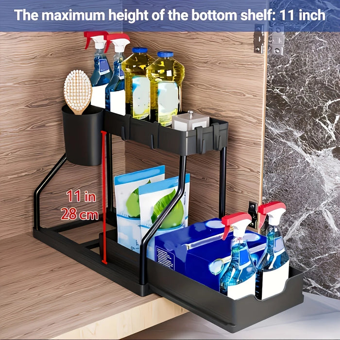 2-Tier Pull-Out Drawer Organiser — Foldable Plastic Storage for Kitchen & Bathroom