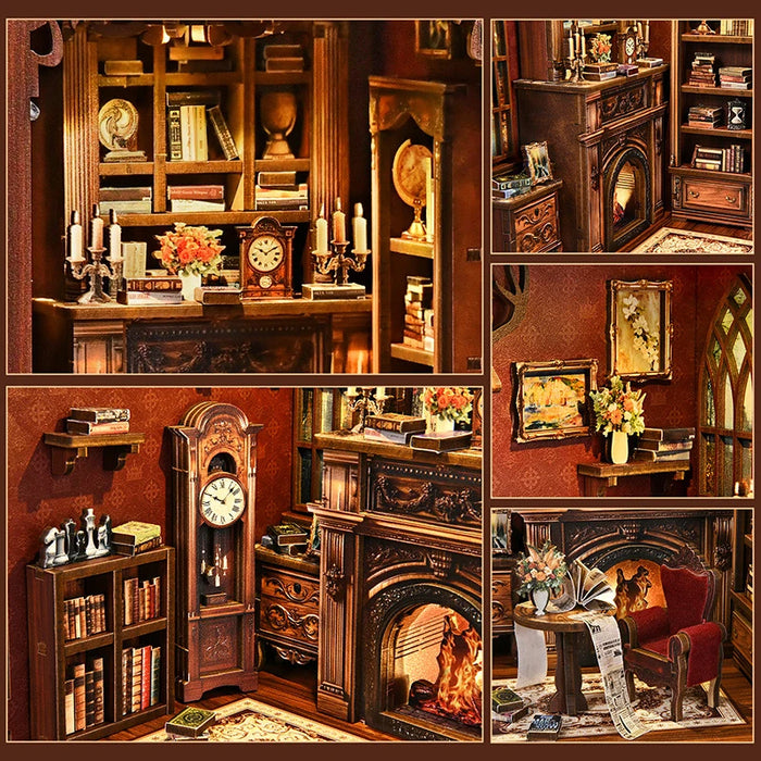Twilight Library DIY Wooden Bookend Miniature Cottage with Touch LED
