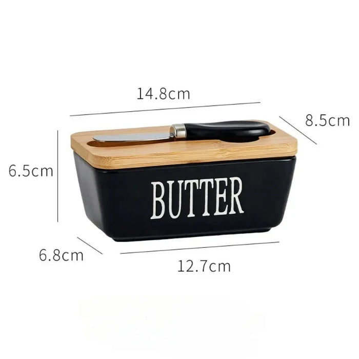 Ceramic Butter & Cheese Storage Box with Bamboo Lid and Knife — 14.8×8.5×6cm