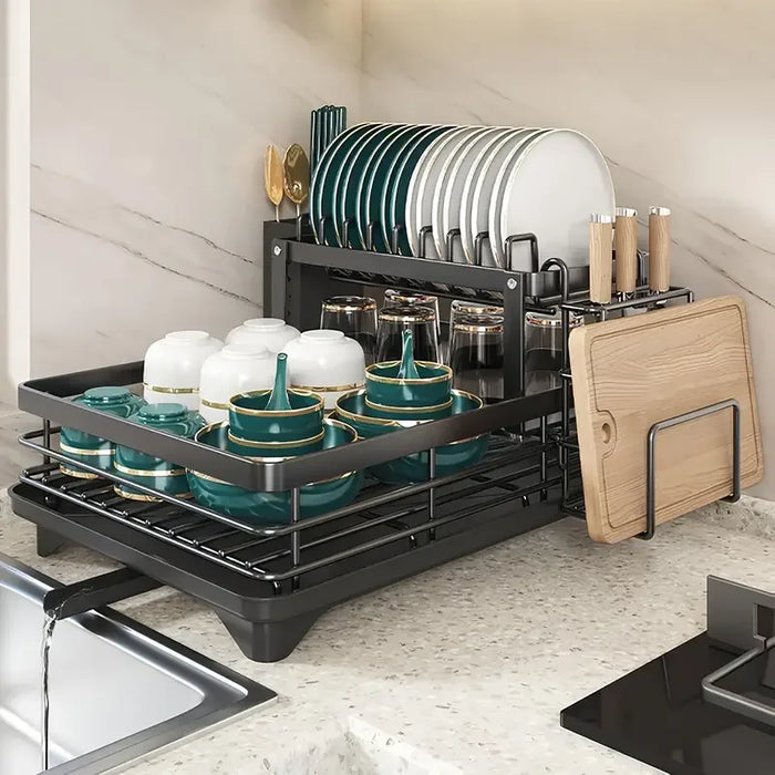 2-Tier Dish Drainer Rack with Drip Tray and Swivel Drain Spout, Utensil & Cup Holders