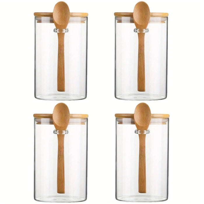 Airtight Glass Jars with Bamboo Lids & Spoons — 18oz (>501ml) — Pack of 1/2/3/4 — Transparent Food Storage for Spices, Beans & Tea