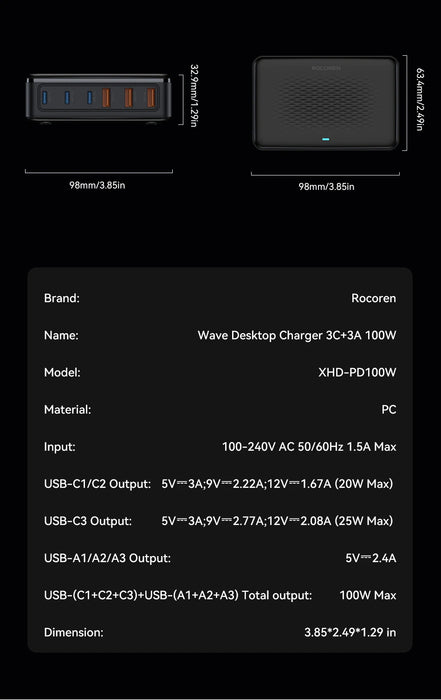 Rocoren 100W GaN 6‑Port Desktop USB Charger – 3x USB‑C & 3x USB‑A