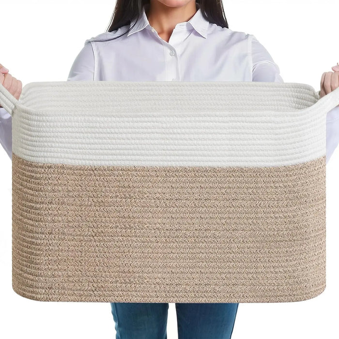Large Cotton Rope Storage Basket — Foldable Laundry & Blanket Bin (55×38×30 cm)