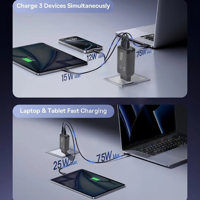100W GaN USB‑C PD Charger with QC 3.0 — 2x Type‑C + USB‑A, Fast Charge for iPhone 15/16/17 Pro Max, iPad, Samsung & Xiaomi