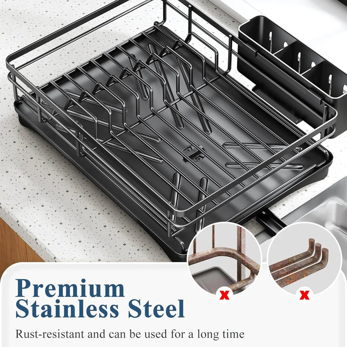 Steel 1-Tier Dish Rack with Angled Drainboard & 3-Slot Cutlery Caddy — Black