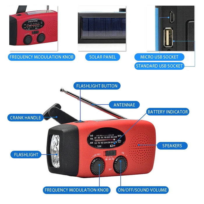 2000mAh Hand‑Crank Emergency Radio with LED Torch, USB & Solar Charging