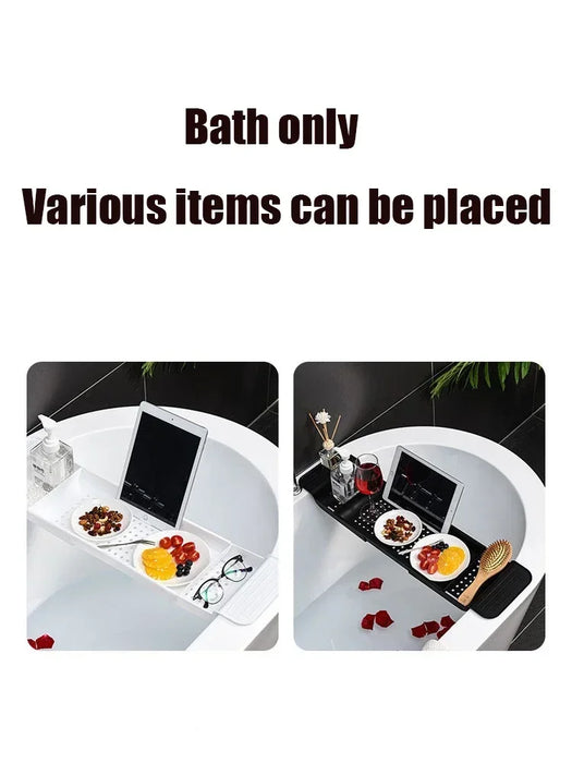 Extendable Bathtub Shelf Tray – Plastic Bath Rack for Towels & Books (White/Black)