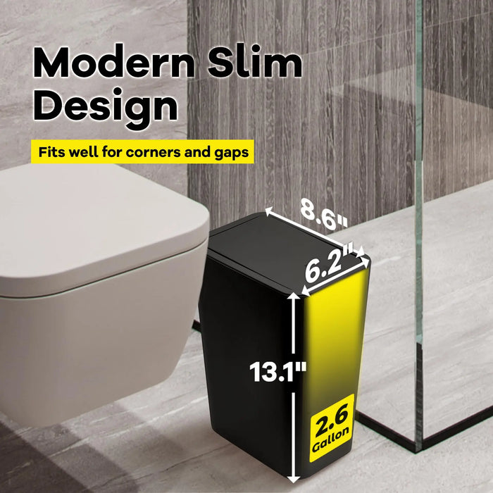 10L Slim Bathroom Bin with Press-Top Lid - Compact Plastic Wastebasket for Toilet, Bedroom & Living Room