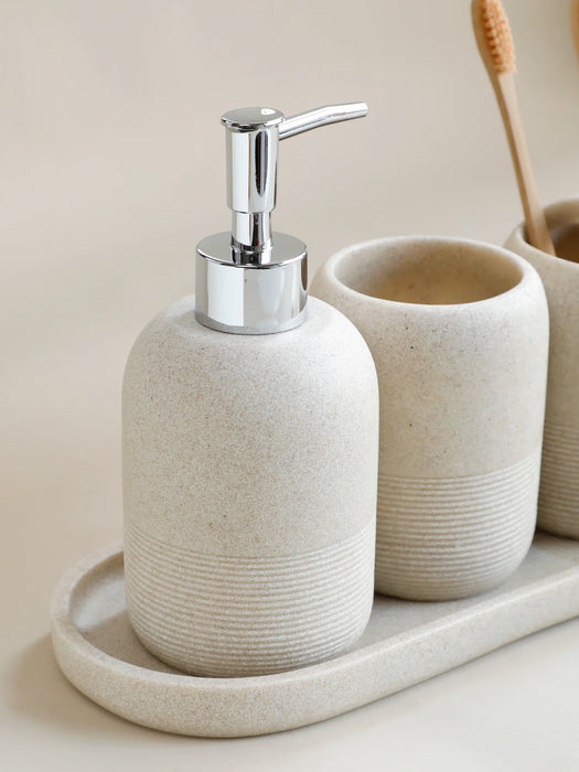 5-Piece Bathroom Accessory Set — Lotion Dispenser, Toothbrush Holder, Tumbler, Soap Dish & Tray (Beige or Grey)