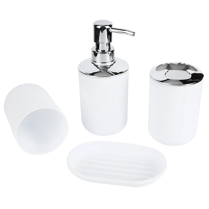 4‑Piece Plastic Bathroom Accessory Set — Soap Dispenser, Storage & Rinse Cups, Soap Dish