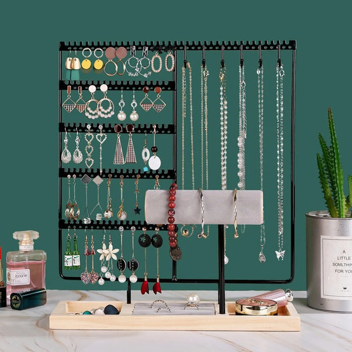 Metal Jewellery Organiser Stand with Wooden Tray — Multi‑Functional Storage