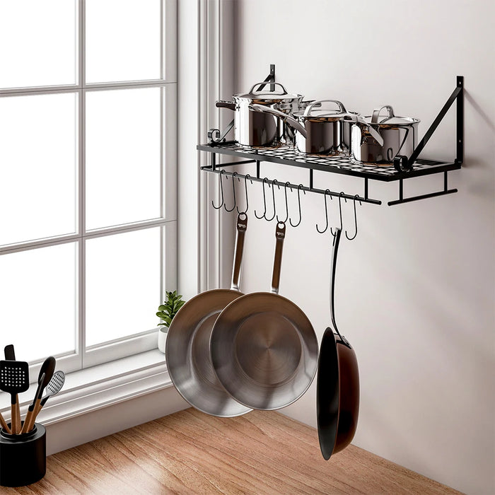 60cm Wall-Mounted Kitchen Organiser Rack with 10 Hooks – Black