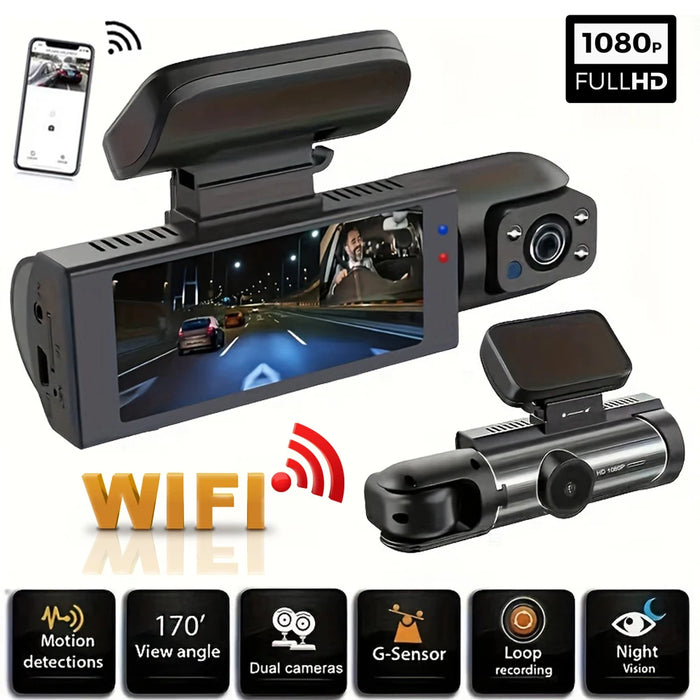 1080p Dual‑Lens Dash Cam with Wi‑Fi — Front & Cabin, Night Vision, Loop Recording