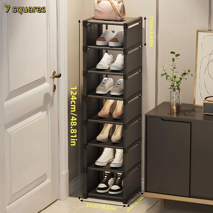 7-Grid Shoe Rack — Metal Tube Frame with Fabric Shelves, Floor Installation, Black or White