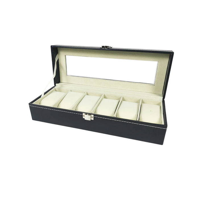 12-Slot Watch Box — Grey PU Leather with Clear Window & Velvet Lining