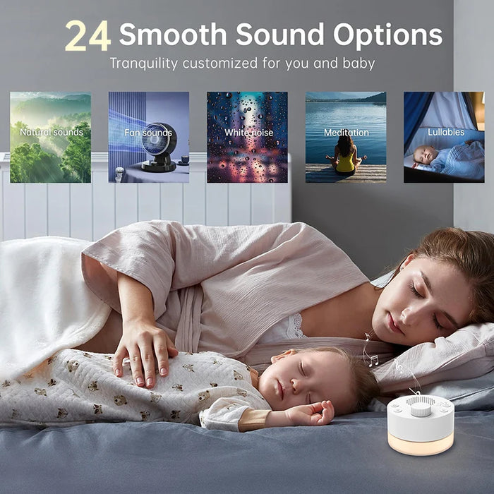 Portable White Noise Machine — 24 Soothing Sounds, Warm Night Light & Memory