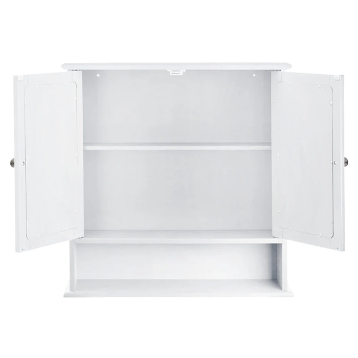 Double‑Door Wall‑Mounted Mirror Cabinet with Open Shelves, 56 x 13 x 58cm, White